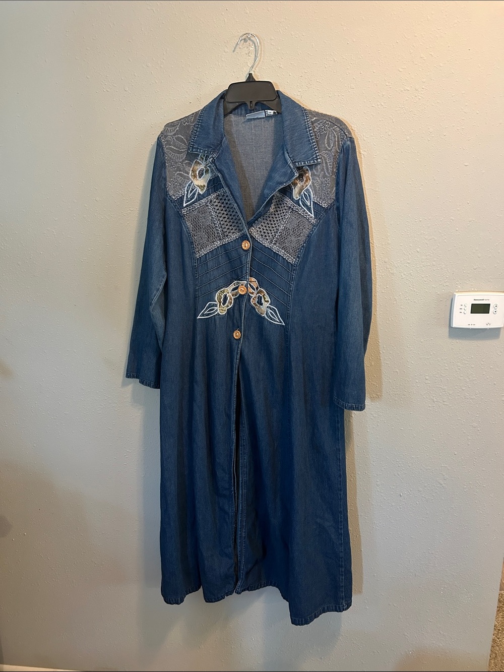 Vintage Styleworks Denim Duster Jacket Embroidered Lace Lagenlook